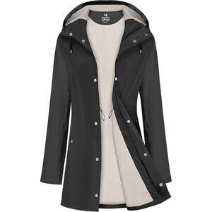 Women Navy Fleece Long Hooded Waterproof Rain Windbreaker Trench Coat Outdoor